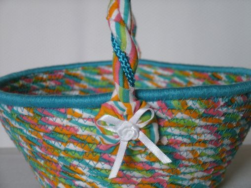 Custom Made Cloth Basket W/Handle - Coiled - Wrapped Clothesline - Small Round -Turquoise/Pink/Blue