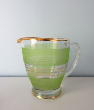 Custom Made Vintage Bar Set - Green And Gold Striped Pitcher With Matching Gold Striped Glasses
