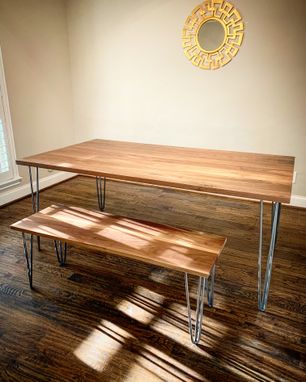 Custom Made Walnut Dining Table And Matching Bench W/ Hairpin Legs