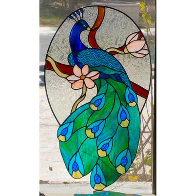 Custom Made Stained Glass Peacock Hanging Panel