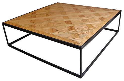 Hand Made Steel And Wood Coffee Table, Square Oak Parquet Coffee Table