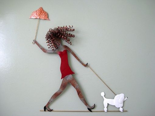 Custom Made Handmade Upcycled Metal Lady Walking Dog Wall Art Sculpture
