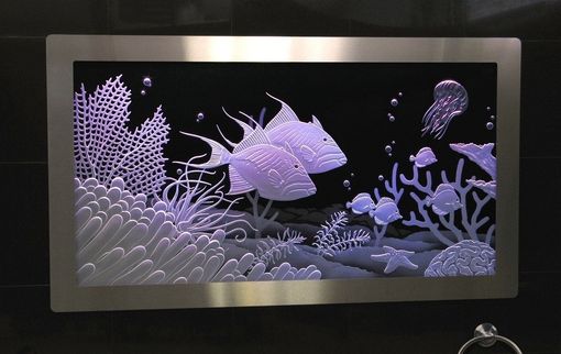 Custom Made Illuminated Carved / Etched Glass - Built In Underwater Scene