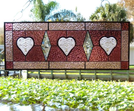 Custom Made Victorian Look Stained Glass Window Panel With Sandwich Glass Tiara Hearts