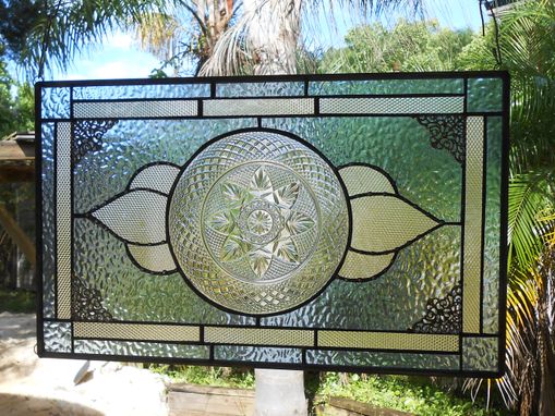 Custom Made Stained Glass Plate Panel Window Transom, Vintage Crystal Luminarc Cris D'Arques Plates Valance
