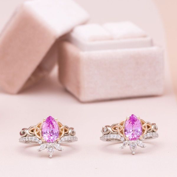 The light pink, lab-created sapphires are highlighted by rose gold trinity knots in these matching bridal sets with moissanite accents for extra sparkle.
