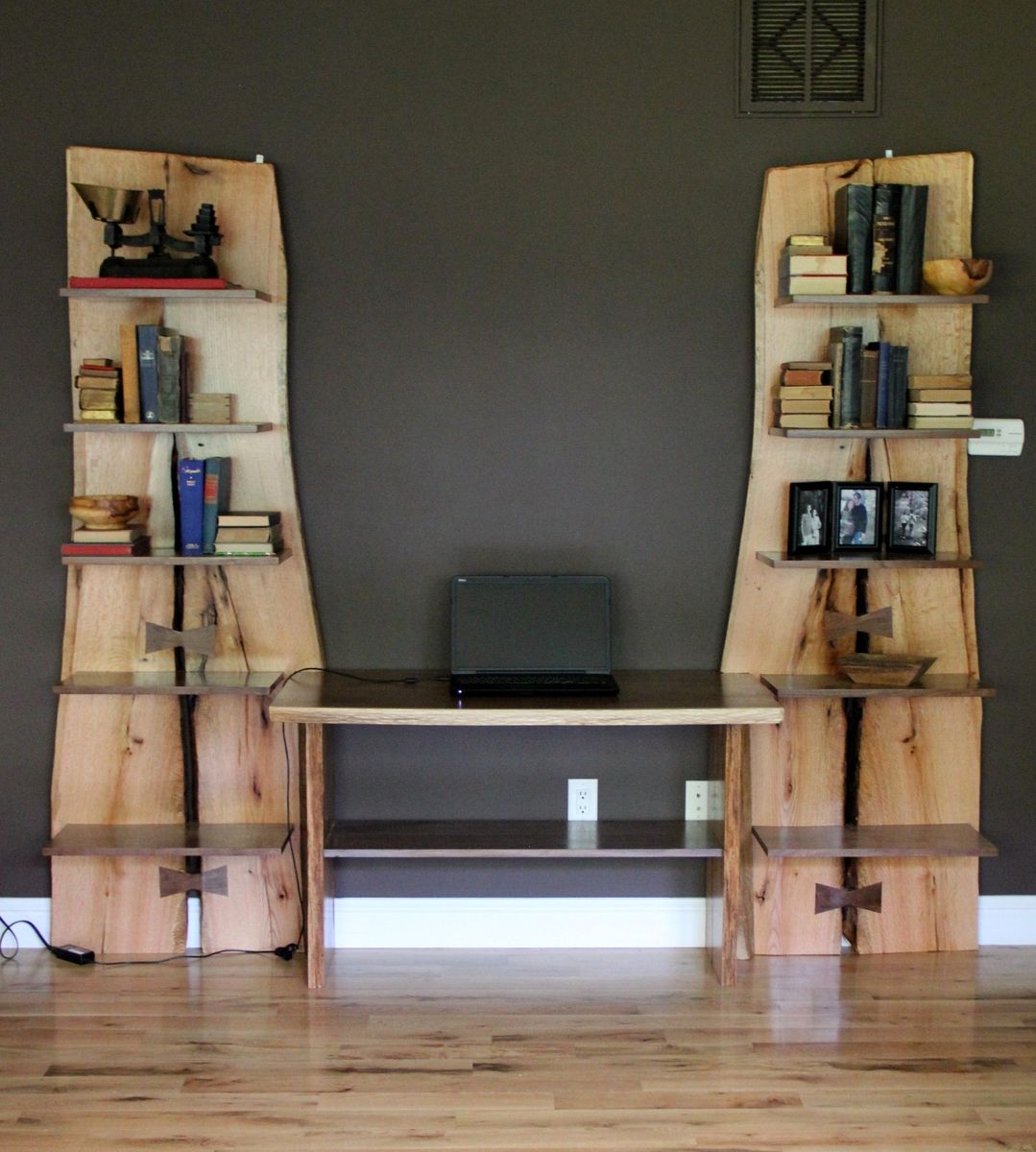 Custom Made Rustic Live Edge Oak Slab Bookcase Built In Desk By