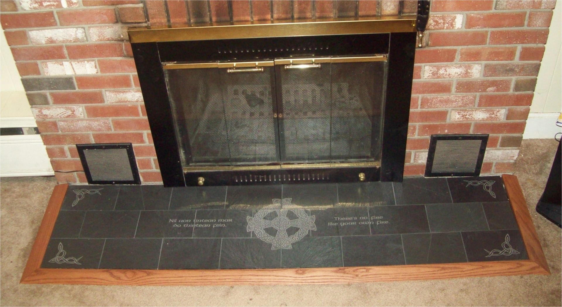 Handmade Engraved Slate Fireplace Hearth With Celtic And English Translations by Merrimack 