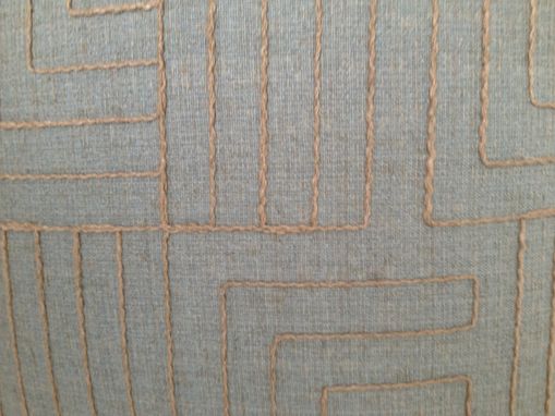 Custom Made Burlap Thread Embroidered On Smoky Blue Heavy Linen Pillow Cover
