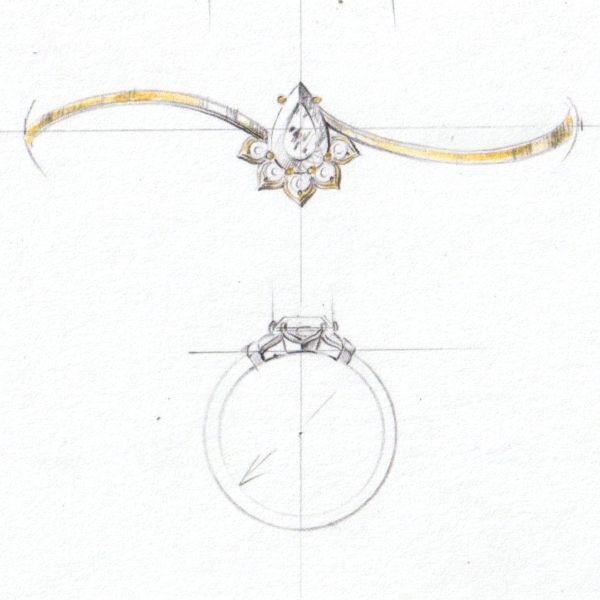 我们艺术家的设计草图，日出半光晕订婚戒指与梨切割中心石。