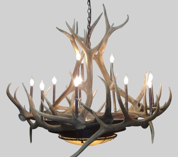 Hand Made Mt Bross Elk Antler Chandelier With Rawhide & Mica Iron Base by The Peak Antler