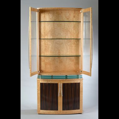 Custom Made China Cabinet Art Deco Style, Modern Display Cabinet, Quilted Maple, Curved Front