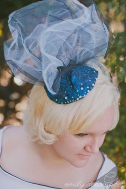 Custom Made Raquel - Beaded Blue Brocade Fascinator With Tulle Handmade From Vintage Materials