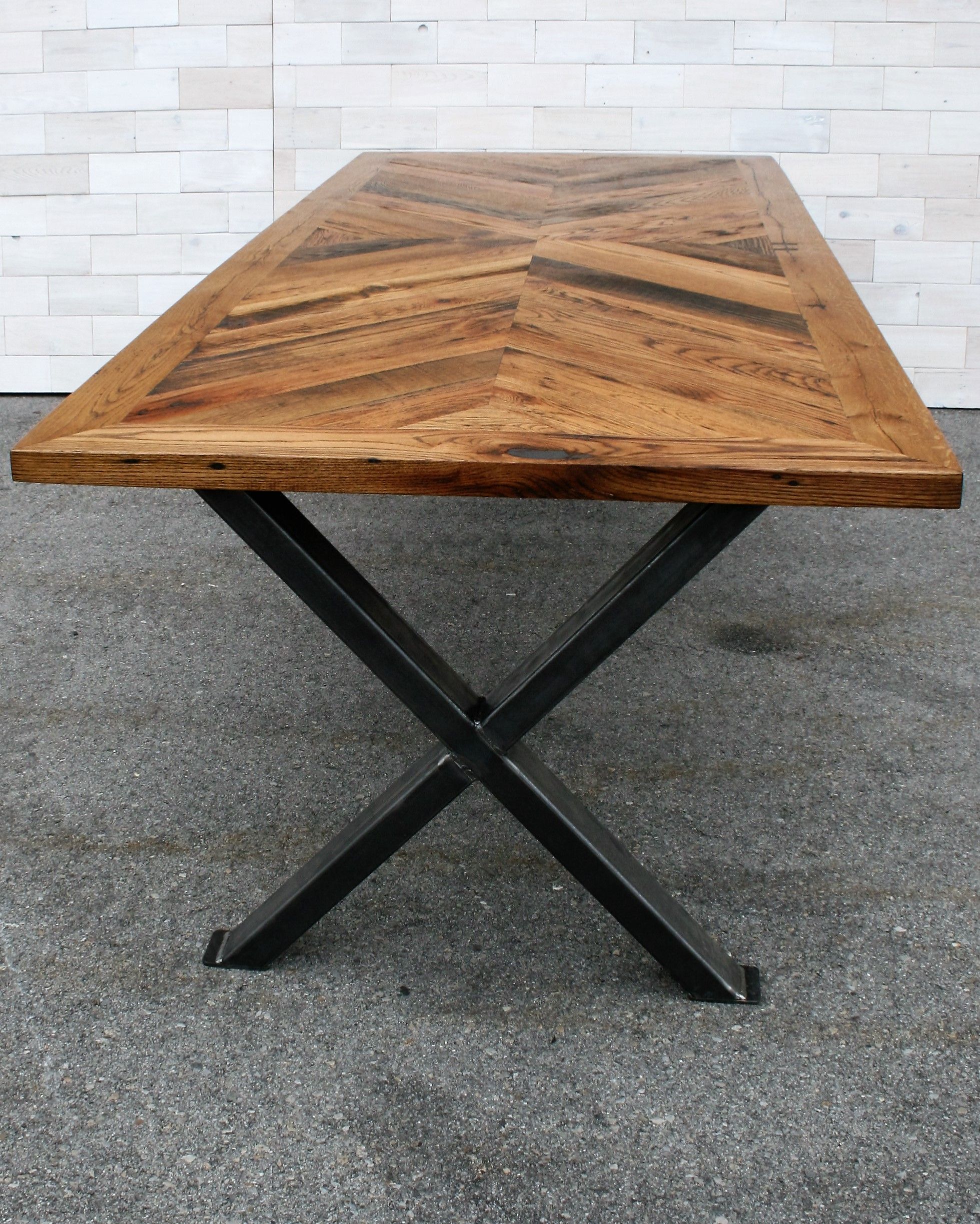 Custom Made Tobacco Oak Chevron Dining Table With Steel X Legs by ...