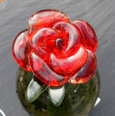 Custom Made Glass And Stainless Steel Red Rose Bottle Stopper