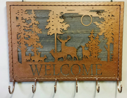 Custom Made Industrial Metal And Reclaimed Barn Wood "Welcome" Coat Rack With Wildlife Deer Scene
