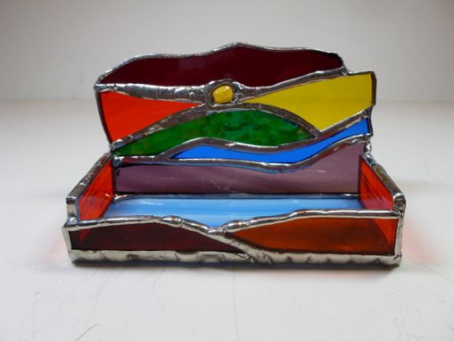 Custom Made Multi-Colored Stained Glass Business Card Holder With Glass Gem "Funky Fun''