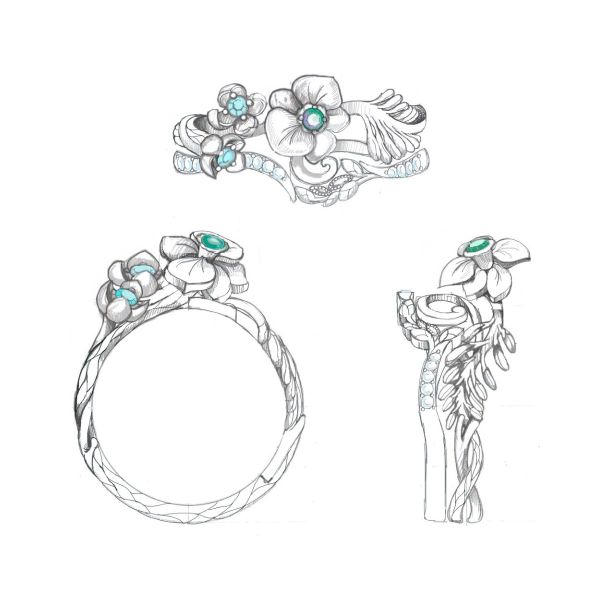 这枚复杂的兰花订婚戒指的设计草图。