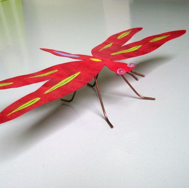 Custom Made Handmade Upcycled Metal Dragonfly Sculpture In Red