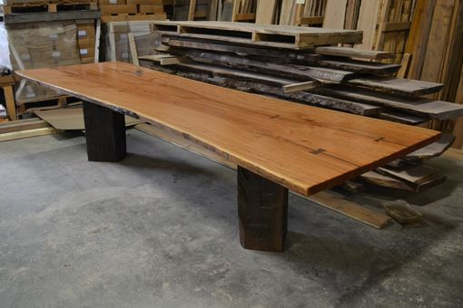 Custom Made Live Edge Cherry Slab Dining / Conference Table With Reclaimed Beam Base