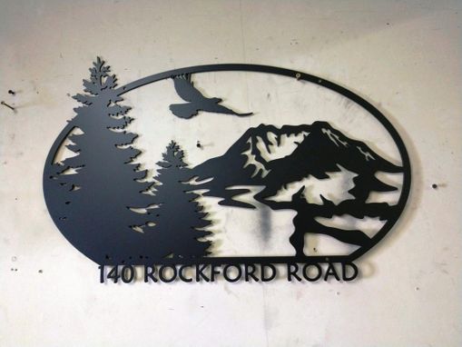Custom Made Custom Personalized Metal Address Sign With Mountain Scene And Powder Coat Finish