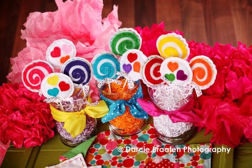 Custom Made Felt Lollipops With Multi-Colored Hearts And Swirls "Marshmallow Cream Lollipops''