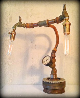 Custom Made Steampunk Upcycled Lamp Sculpture Double Edison Bulb