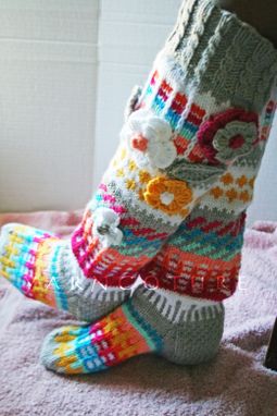 Custom Made Hand Knit Fair Isle Knee Highs With 3d Flowers Basic Design
