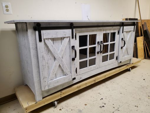 Custom Made 84" Rustic White Tv Cabinet / Wall Unit With Sliding Barn Doors