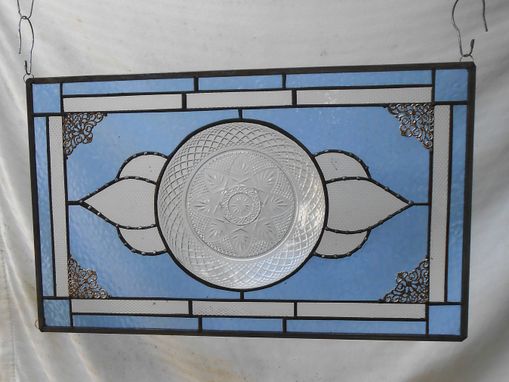 Custom Made Stained Glass Plate Panel Window Transom, Vintage Crystal Luminarc Cris D'Arques Plates Valance