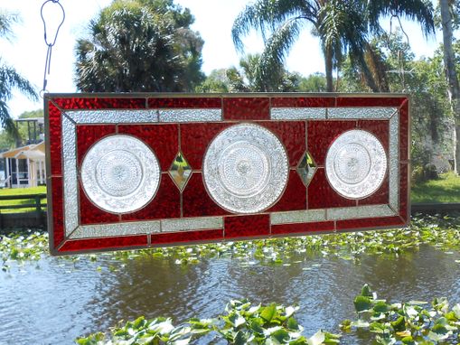 Custom Made Depression Glass Stained Glass Transom Window, 1930s Duncan Miller Plate Stained Glass Plate Panel