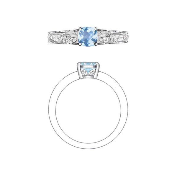 Sketch for a white gold engagement ring with aquamarine center stone and dragonfly garden scene engravings.