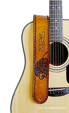 Custom Made Hand Tooled Lion Adjustable Leather Guitar Strap