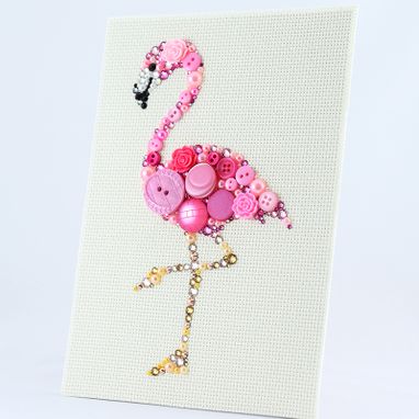 Custom Made Pink Flamingo Button Art Wall Hanging