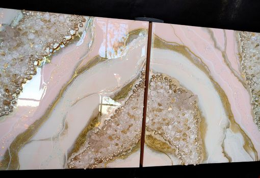 Custom Made Resin Wall Painting Art In Pink, White, Gold, Modern Geode Abstract Art With Real Quartz Crystals