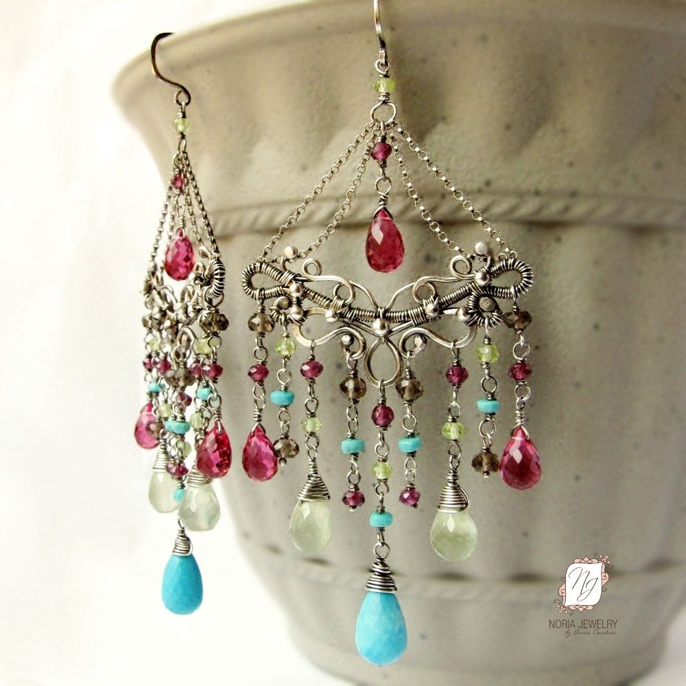 Handmade Large Chandelier Earrings, Sterling Silver And Gemstones by