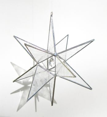 Custom Made Star Of Wonder- 12 Point Star In Clear Frosty Stained Glass With Swarovski Crystal Heart