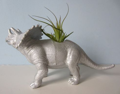 Custom Made Upcycled Dinosaur Planter - Extra Large Silver Triceratops With Tillandsia Air Plant