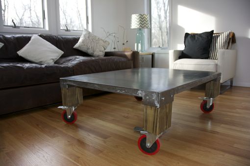 Custom Made Duxbury Metal & Wood Coffee Table W/Red Wheels