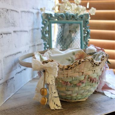 Custom Made Pink And Green Shabby Chic Decor Rose Basket