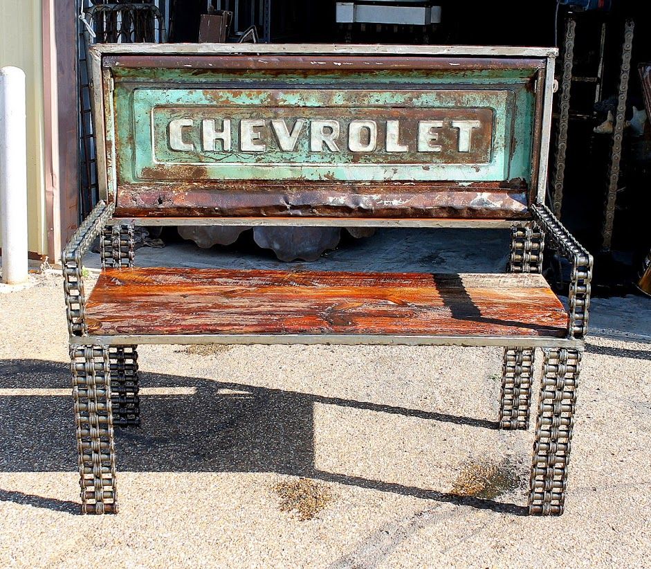 Handmade car part chain art furniture garden bench with reclaimed wood seat