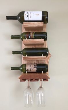 Custom Made Live Edge Wall Hanging Four Bottle Rack With Glass Holder.