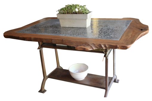 Custom Made Live Edge Sycamore And Hammered Zinc Table With Industrial Machine Base