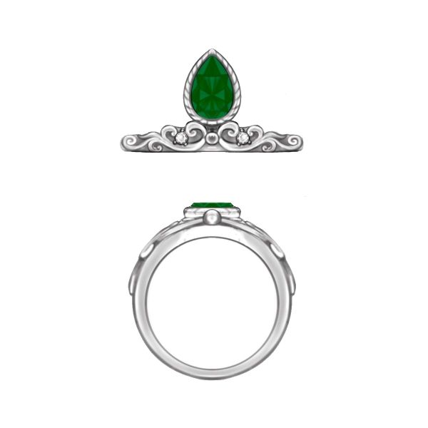 Moissanite accents sit either side of a green sapphire on a rose gold band.