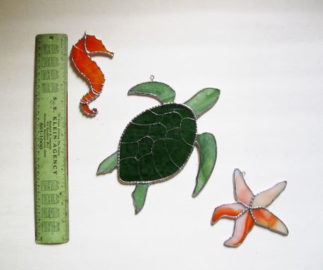 Custom Made Sea Turtle, Sea Horse, Star Fish - Stained Glass Set Of Three Sun Catchers