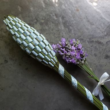 Custom Made Lavender Filled Handwoven Jacquard Wand Basket Embroidered Blue On Blue Flowers