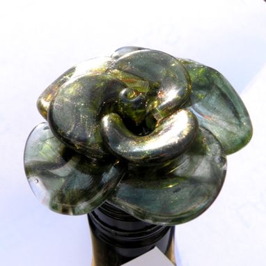 Custom Made Wine Bottle Stopper Glass Rose Green, Hand Blown Rose, Lampwork Sra Rose, Flower Stainless Steel