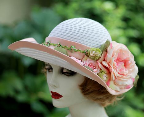 Custom Made Wide Brim White Straw Summer Peach Flowered Hat  For Weddings And Special Ocassions