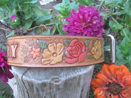 Custom Made Colorful Leather Dog Collar, Handcarved With Beautiful Flowers