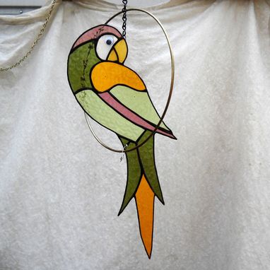 Custom Made Stained Glass Parrot In A Ring Suncatcher Mobile
